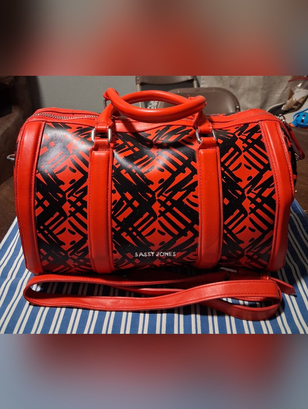 Sassy Jones Red and Black Patterned Barrel Bag